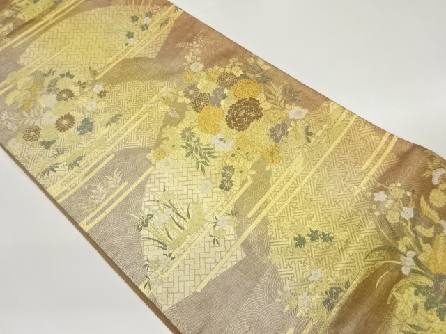 引箔地紙に秋草・ヱ霞模様織出し袋帯